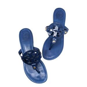 Tory Burch Miller Sandals Blue Leather Logo Thong Flat Size 7.5